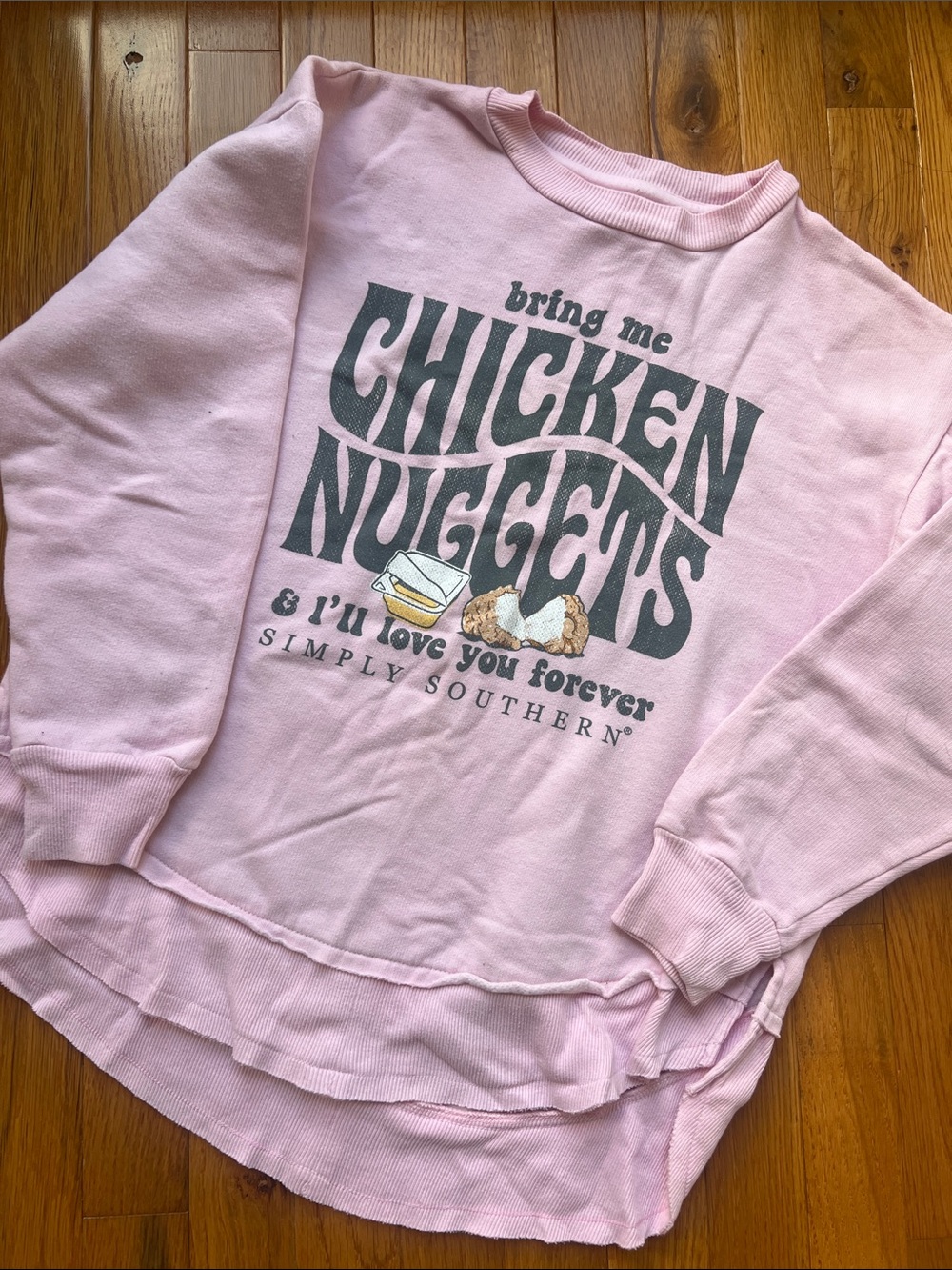 Simply Southern Pink 'Bring Me Chicken Nuggets' Ruffle Hem Sweatshirt